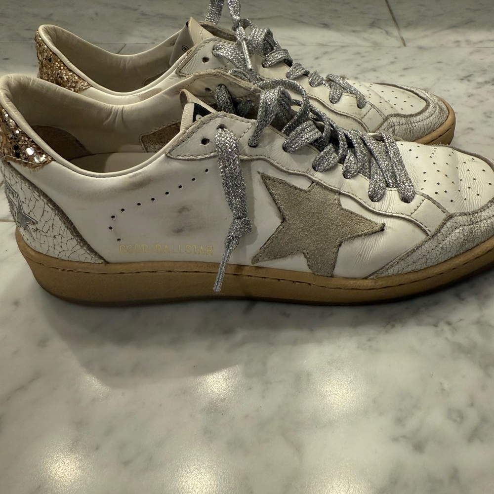 White and Silver Low-Top Sneakers with Star Design